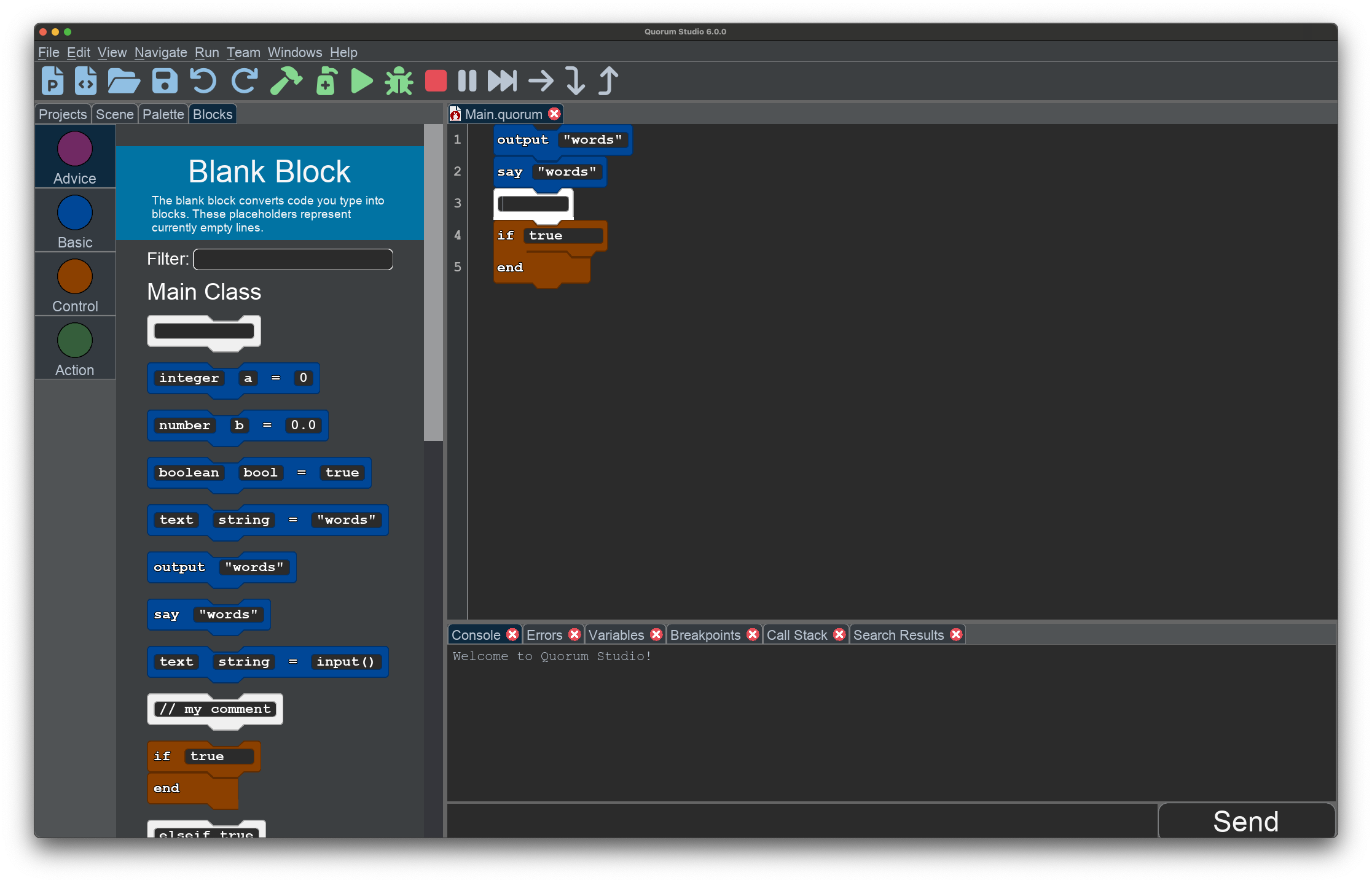 This example shows what the editor looks like if a blank block has the focus. Notably, in the palette, there is documentation describing the block. 